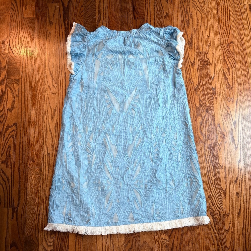 VOY Blue V-Neck Ruffle Sleeve Fringe Burnout Shift Dress Med Boho Cotton Linen - Picture 3 of 8